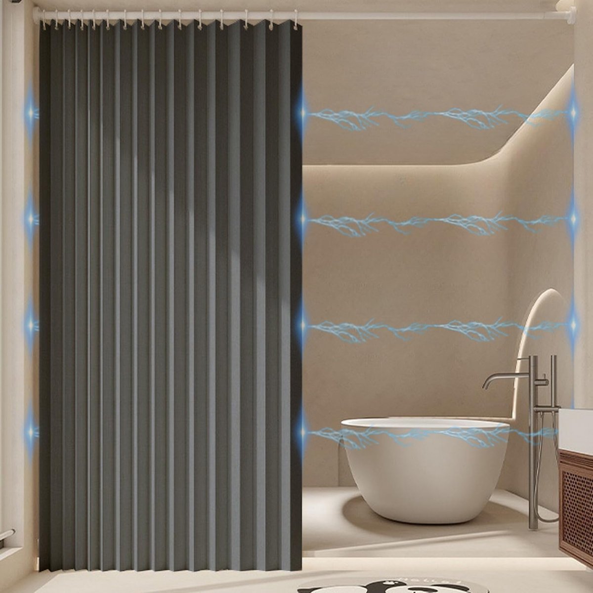 waterdicht douchegordijn met haak, geen voering nodig, dikke stoffen douchegordijn, magnetische Acordion douchegordijnen voor badkamer, grijs, 79 x 241 cm