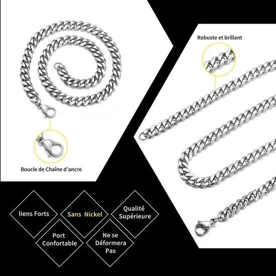 Cubaanse halsketting voor heren, 3 mm/6 mm/9 mm, zilveren ketting van roestvrij staal, Cubaanse schakelketting, Cubaanse sieraden, lengte 46 cm - 61 cm — afbeelding 4