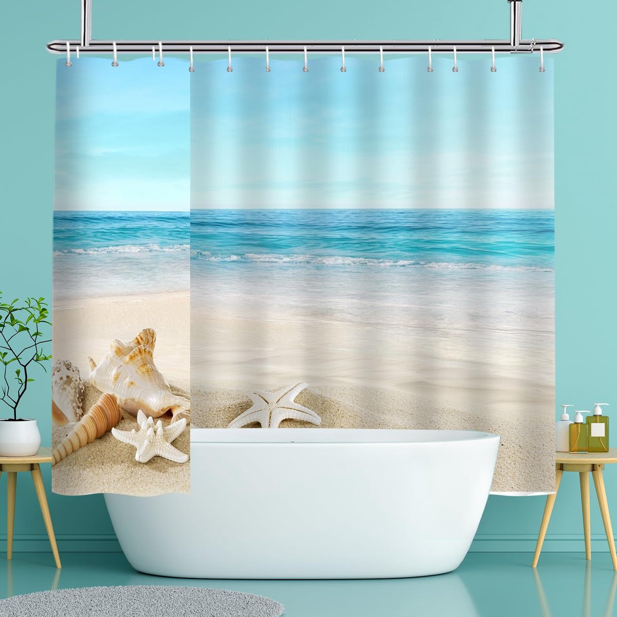 Douchegordijn van schimmelbestendig textiel, voor badkuip, wasbaar, met 16 metalen inslagringen, 240 x 200 cm (b x h), strand, zee, golven en zeesterren