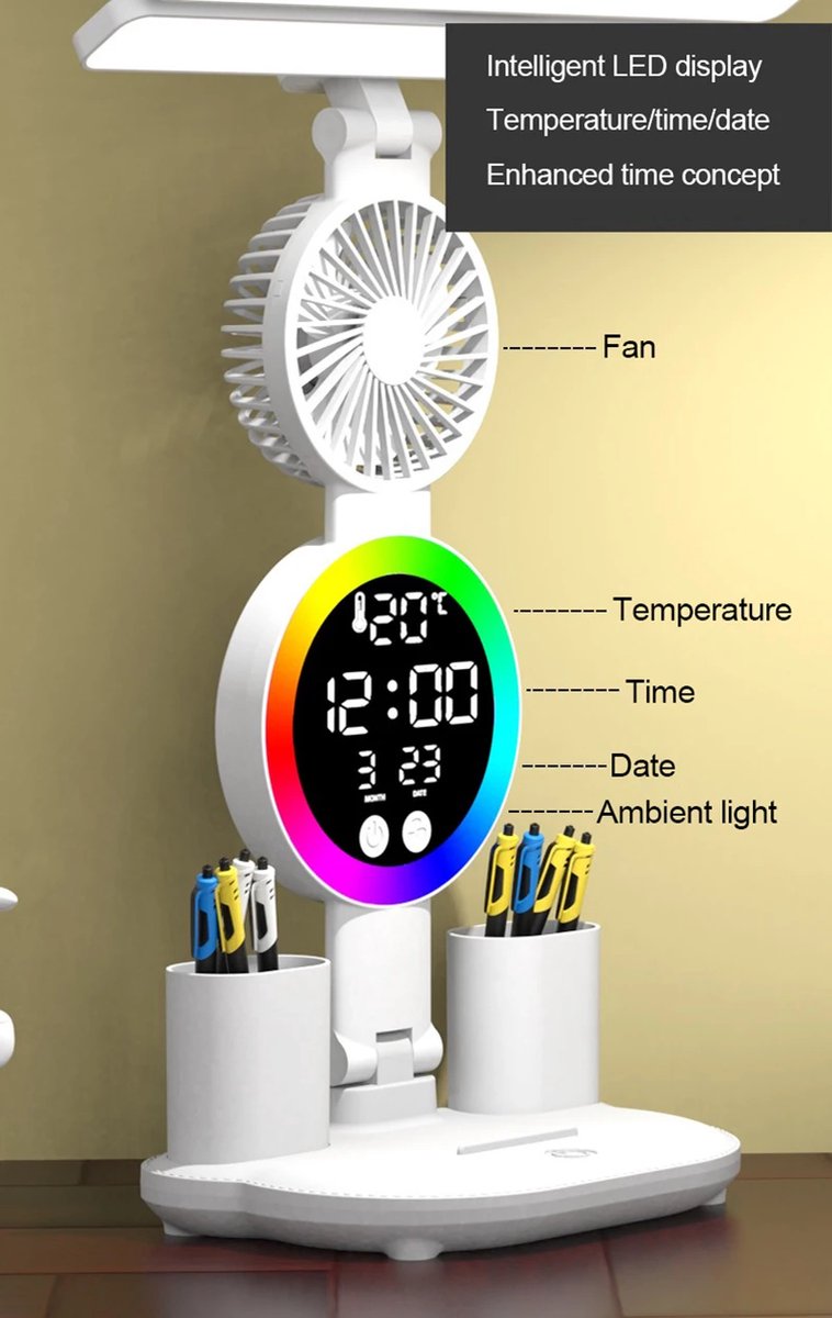 LED klok met leeslamp, Oplaadbare bureaulamp met ventilator, Multifunctionele tafellamp thumbnail 3