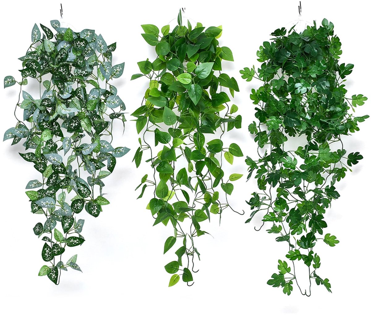 3 stuks hangende kunstplant, 100 cm lange nep-klimop kunstplanten wijnstok groen, kunstplanten van plastic voor binnen en buiten, voor balkon, tuin, wanddecoratie (A)