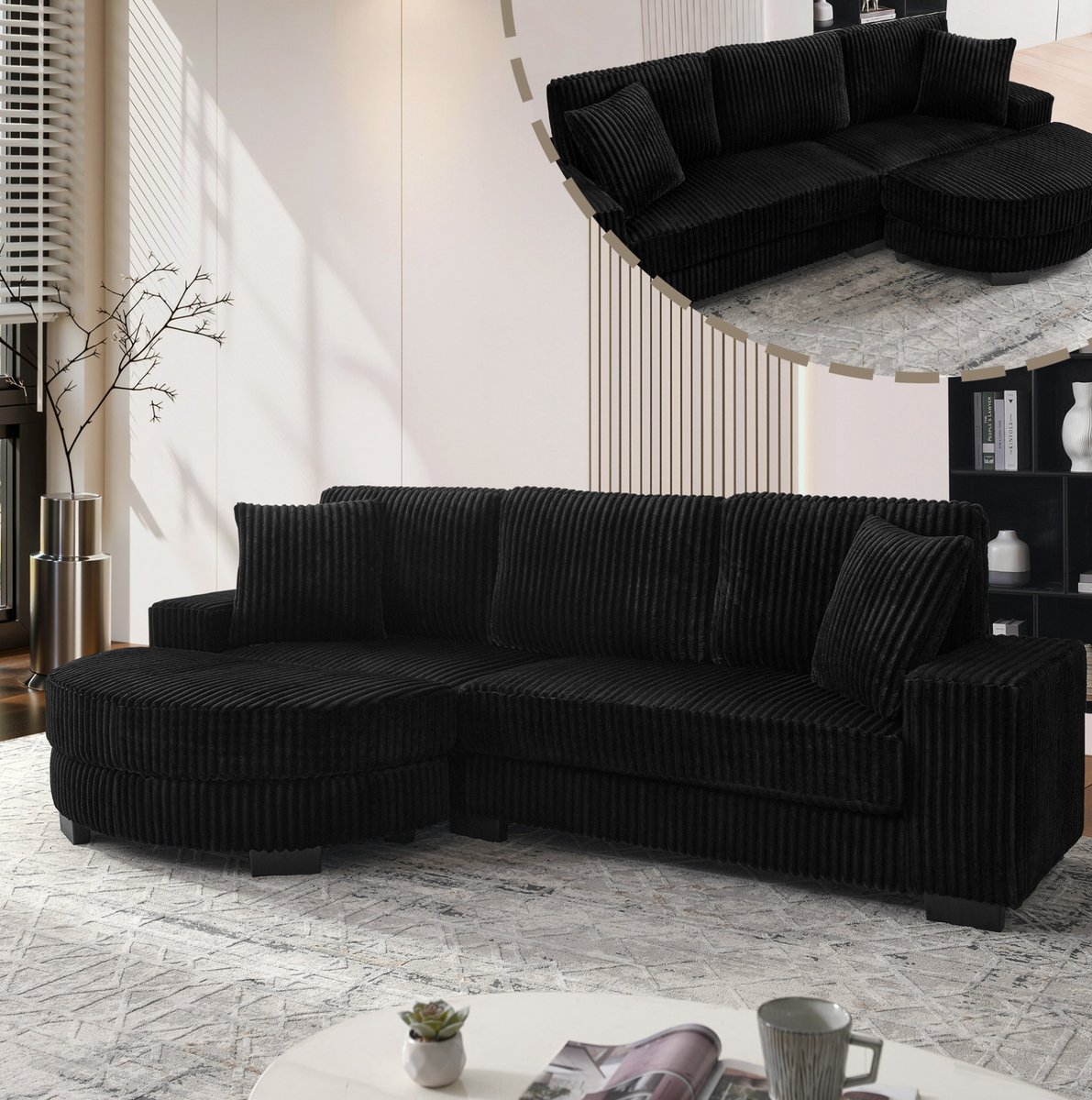 FloraGrace Hoekbank 256,5 x 133,5 x 89 cm - Modulair 4-Zits Bankstel Met Verwisselbare Ovale Hocker En 2 Kussens - Corduroy - Zwart