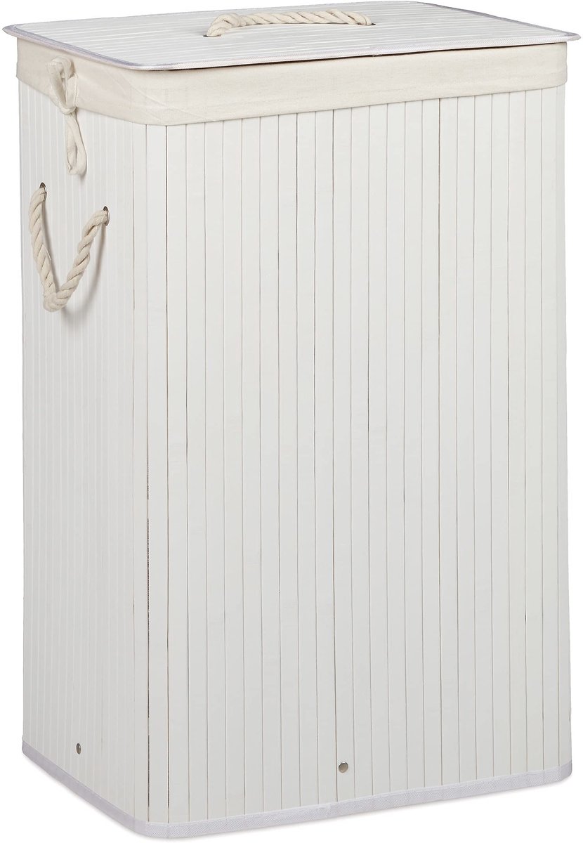 2x wasmand bamboe, met deksel, rechthoekig, 83 l, opvouwbare mand, HBD: 65,5 x 43,5 x 33,5 cm, wit