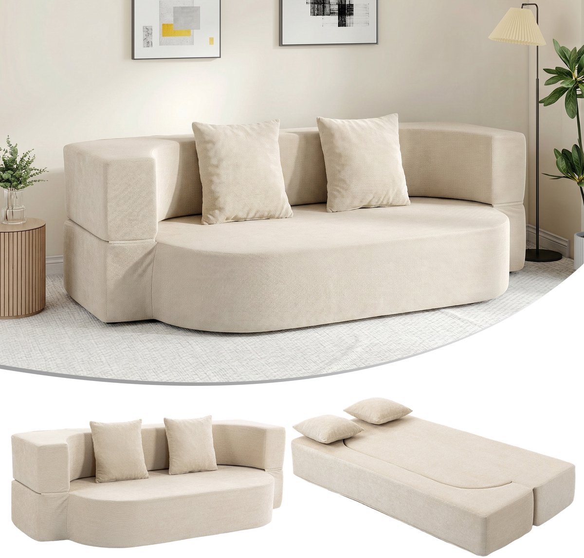 HOMCOM slaapbank - Chenille (100% polyester) - 190 x 80 x 60 cm - Beige