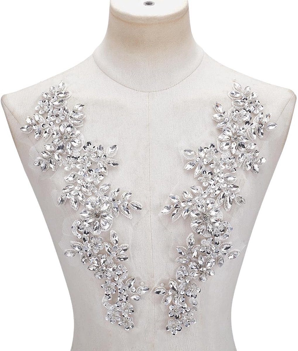 Strass-steentjes op kanten applicatie, paillettenapplicaties om op te naaien, voor baljurken, bruidsjurken en stof, doe-het-zelf knutselwerk en decoraties, 35 cm