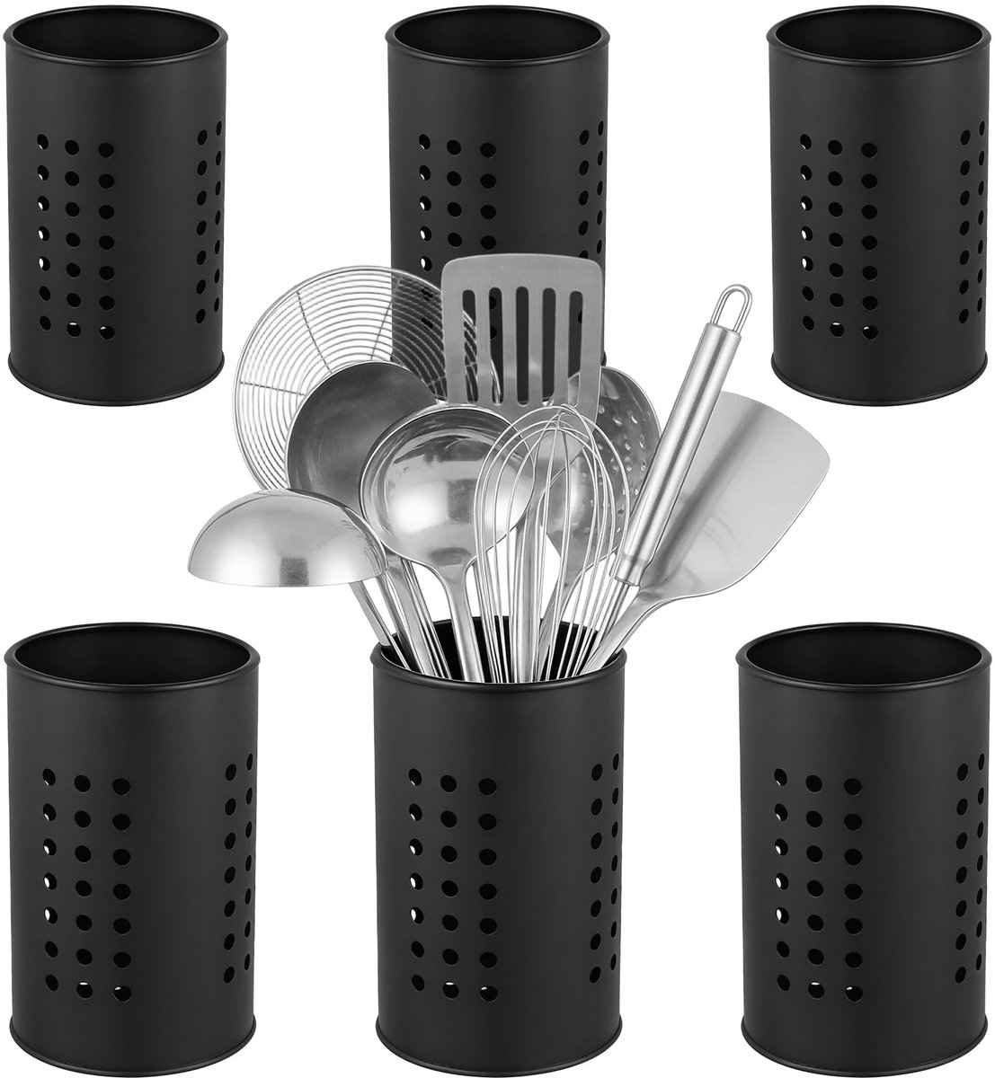 6 stuks keukengereihouders voor werkblad, zwarte roestvrijstalen bestekhouders, boerderijstijl, organizer, robuust, multifunctionele keukenaccessoires, 12 x 18 cm en 10 x 16,5 cm