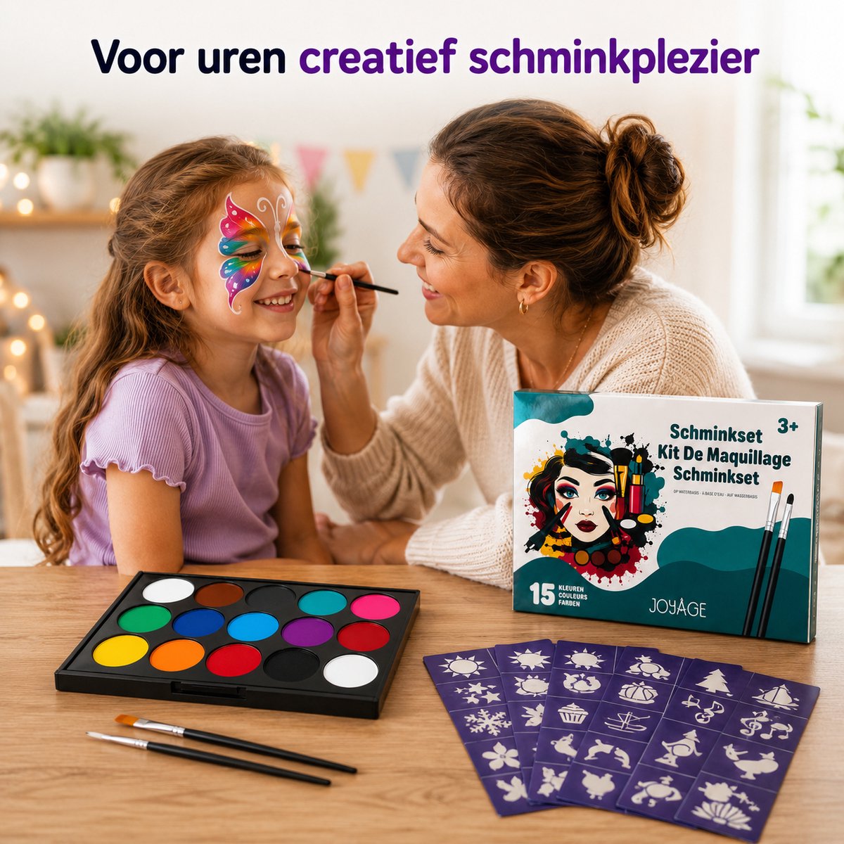 Joyage Schmink kinderen & volwassenen - Op waterbasis - Sjablonen en penselen - Schminkset Elf Make up Kinderen - Face paint palette - Grime Halloween Schmink palet wit - Kinderschmink voor grimas - Gezichtsverf grimeren - Smink sinterklaas cadeau — cadeau in Hobby - foto 3