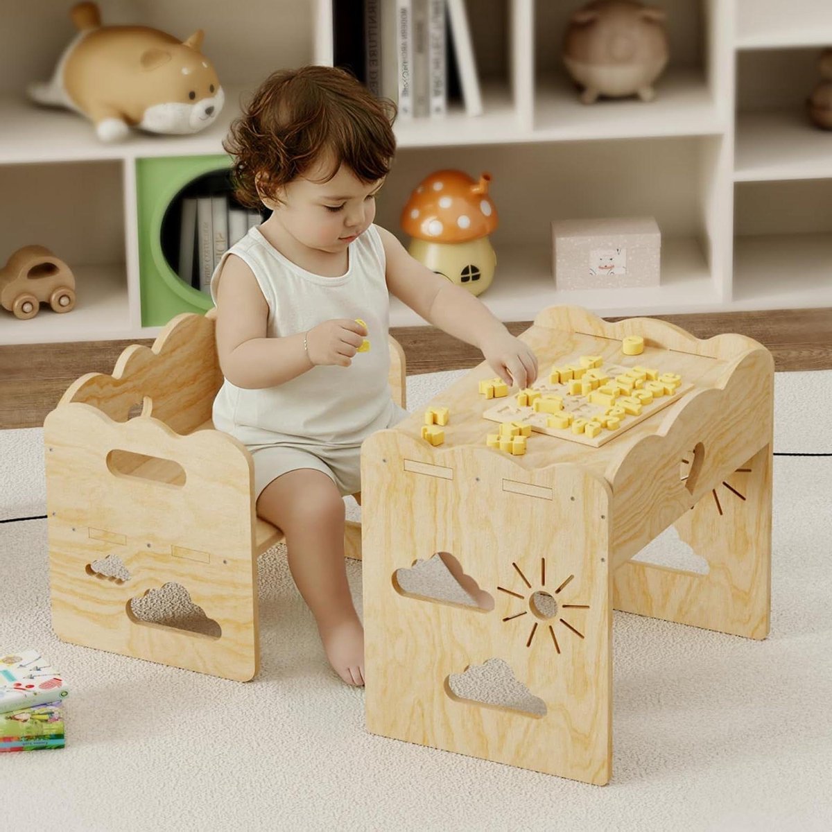 Kinder Tafel en Stoel - Montessori Set Peuters - Spelen en Leren - Geïntegreerde Handgrepen
