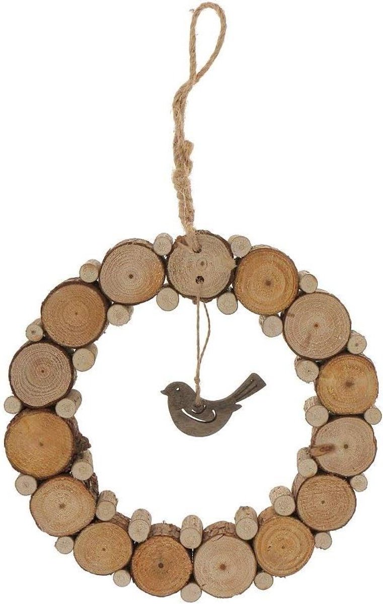 Houten Vogel Krans - Decoratieve Krans Wanddecoratie - Woonkamer Decoratie - Natuurlijk Houten Design - 38 cm - Houtkleur