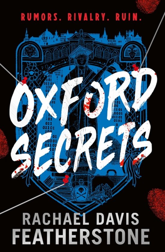 Boek 'Oxford Secrets' met rode belettering en een schimmige figuur met een staf voor een gebouw. Met blauwe grafische elementen en bloedspatten.