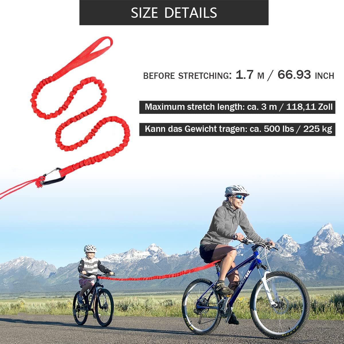 Kinderfiets sleeptouw - elastische sleepriem, bungee trekkoord, ouder-kind tractietouw rood - draagvermogen 150 kg