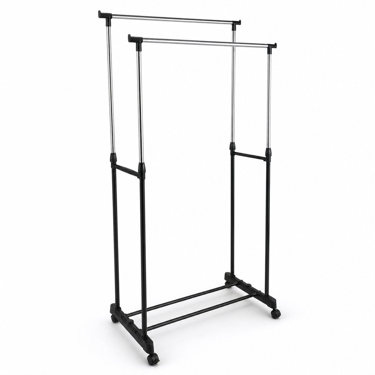 Dubbel Kledingrek op Wielen - 2 Stangen - Hoogte 93-160 cm - 80 x 41 cm - Zwart/Zilver