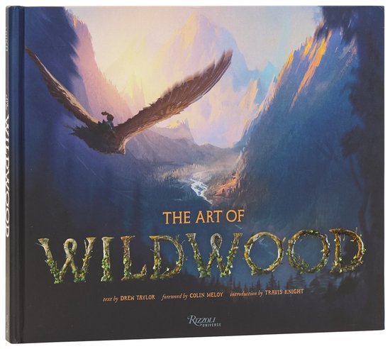 La couverture de 'The Art of Wildwood' montre un oiseau aux ailes déployées volant au-dessus d'un paysage de montagne. Le titre est écrit en lettres ressemblant à de la mousse.