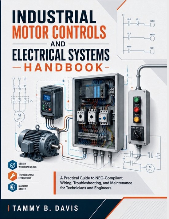 Boek "Industrial Motor Controls and Electrical Systems Handbook" met afbeeldingen van een motor, schakelkast en elektrische schema's.