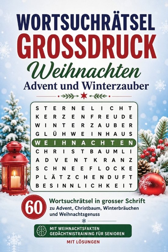 Boekomslag met de titel 'Wortsuchrätsel Grossdruck - Weihnachten, Advent und Winterzauber'. Een winterlandschap met sneeuw, kerstbomen, een lantaarn en een kerstbal.