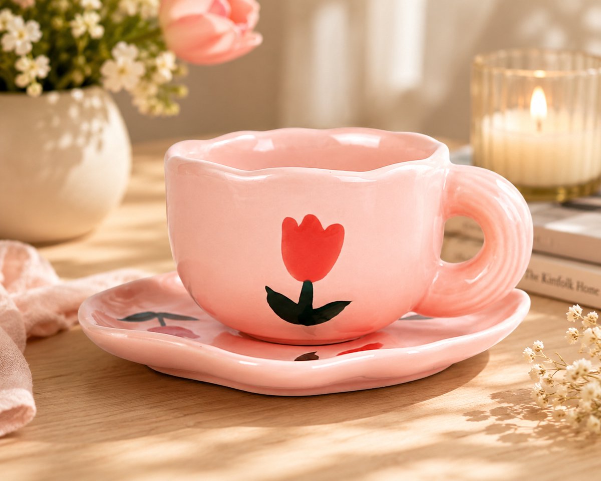 Koffiekopjes Set Met Schotel - Roze Tulp Cup - 250 ml Keramische Mok Voor Thee Of Koffie
