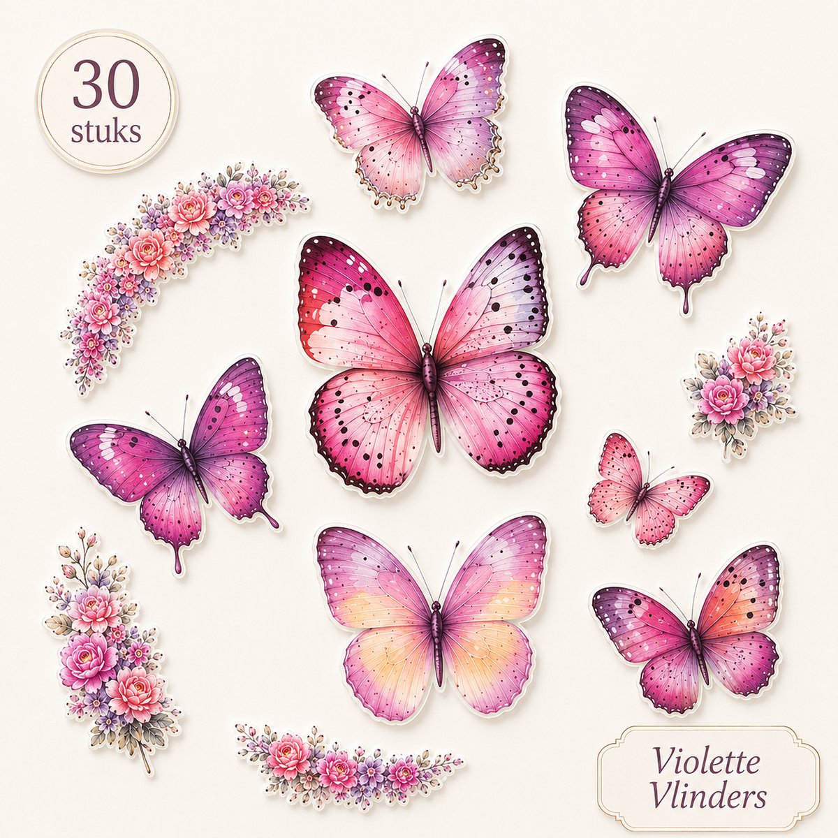 Violette Vlinders stickers - 30 stuks roze paars - Journaling