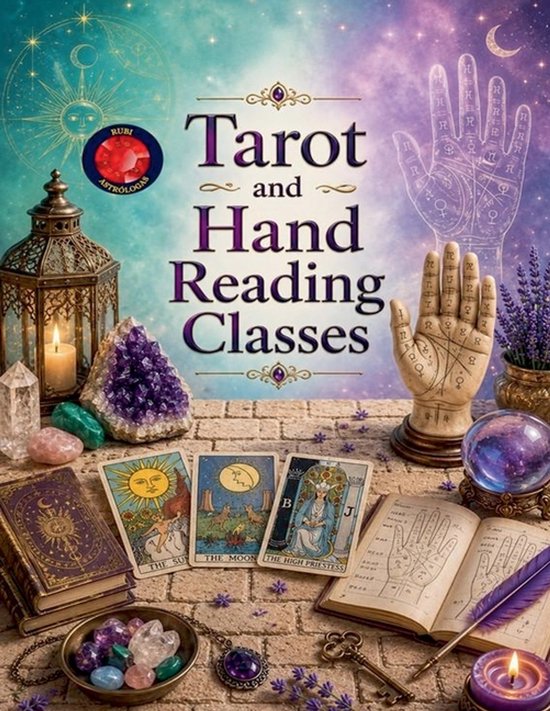 Boek "Tarot and Hand Reading Classes" met tarotkaarten, kristallen, lamp en lavendel.