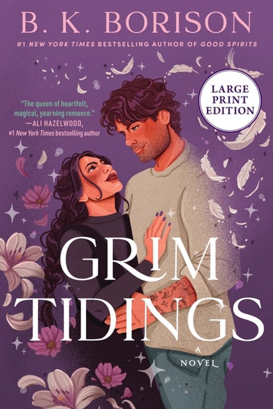 Boekcover met illustratie van een man en vrouw die elkaar omhelzen tegen een paarse achtergrond met veren en sterren. Titel: Grim Tidings.