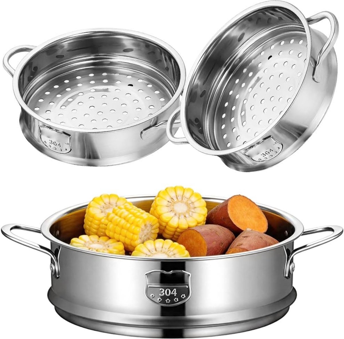 Kleine stoompan set van 2, 20 cm, roestvrij staal, ideaal voor groenten, knoedels en broodjes, ruimtebesparend voor keuken en restaurant