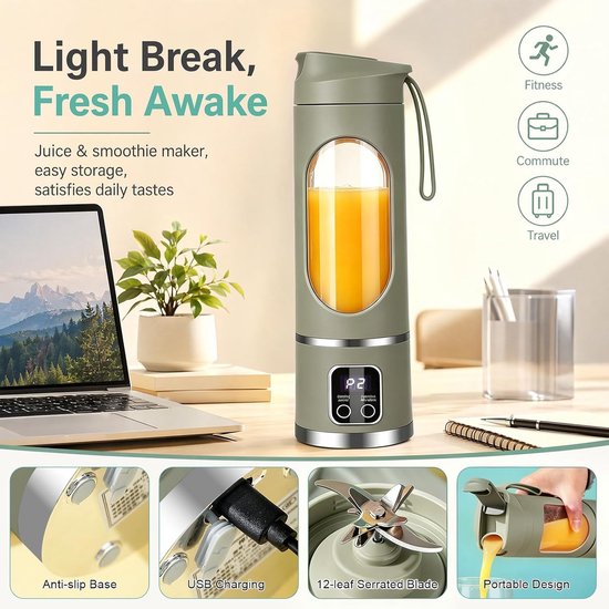 Draagbare elektrische blender met USB-poort, 450 ml. Geschikt voor sapbereiding, smoothies en milkshakes. Klein, compact, handig en multifunctioneel (groen). — afbeelding 3