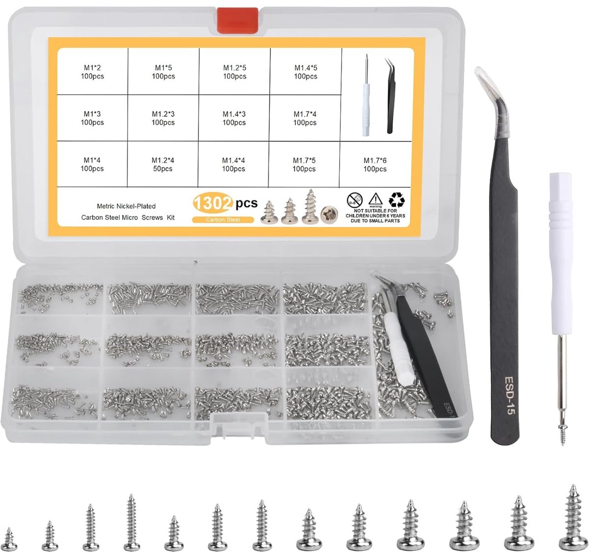Mini schroeven set 1300 stuks - zelftappende schroeven - micro plat rond Phillips - perfect voor brillen en laptops - SnelShoppen