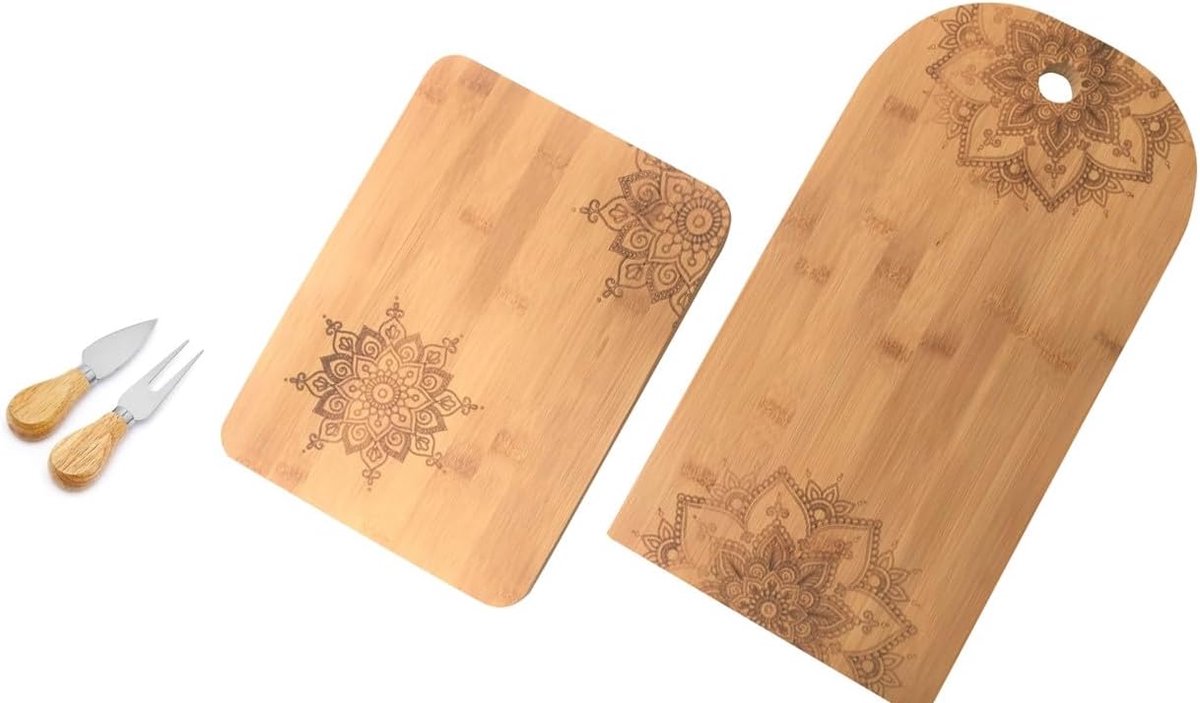 Serveerplank 2x - bamboe - mandala patroon - ideaal voor kaas en snacks - SnelShoppen