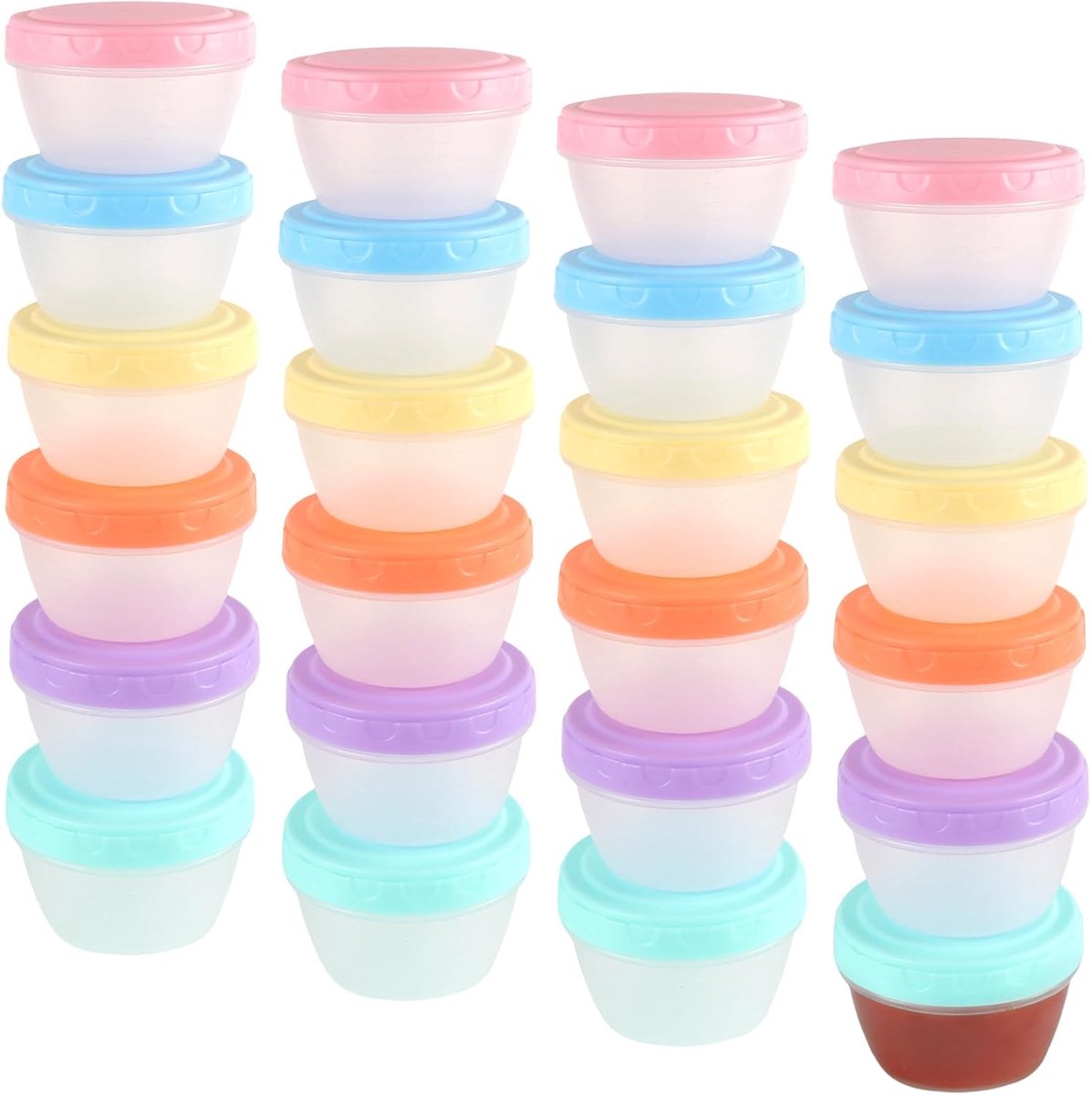 SnelShoppen - 24 stuks 120 ml kleine vriesdozen, plastic bewaardozen met deksel, 7,3 x 5 cm, kleurrijke tupperdozen in oranje, roze, blauw, groen, paa