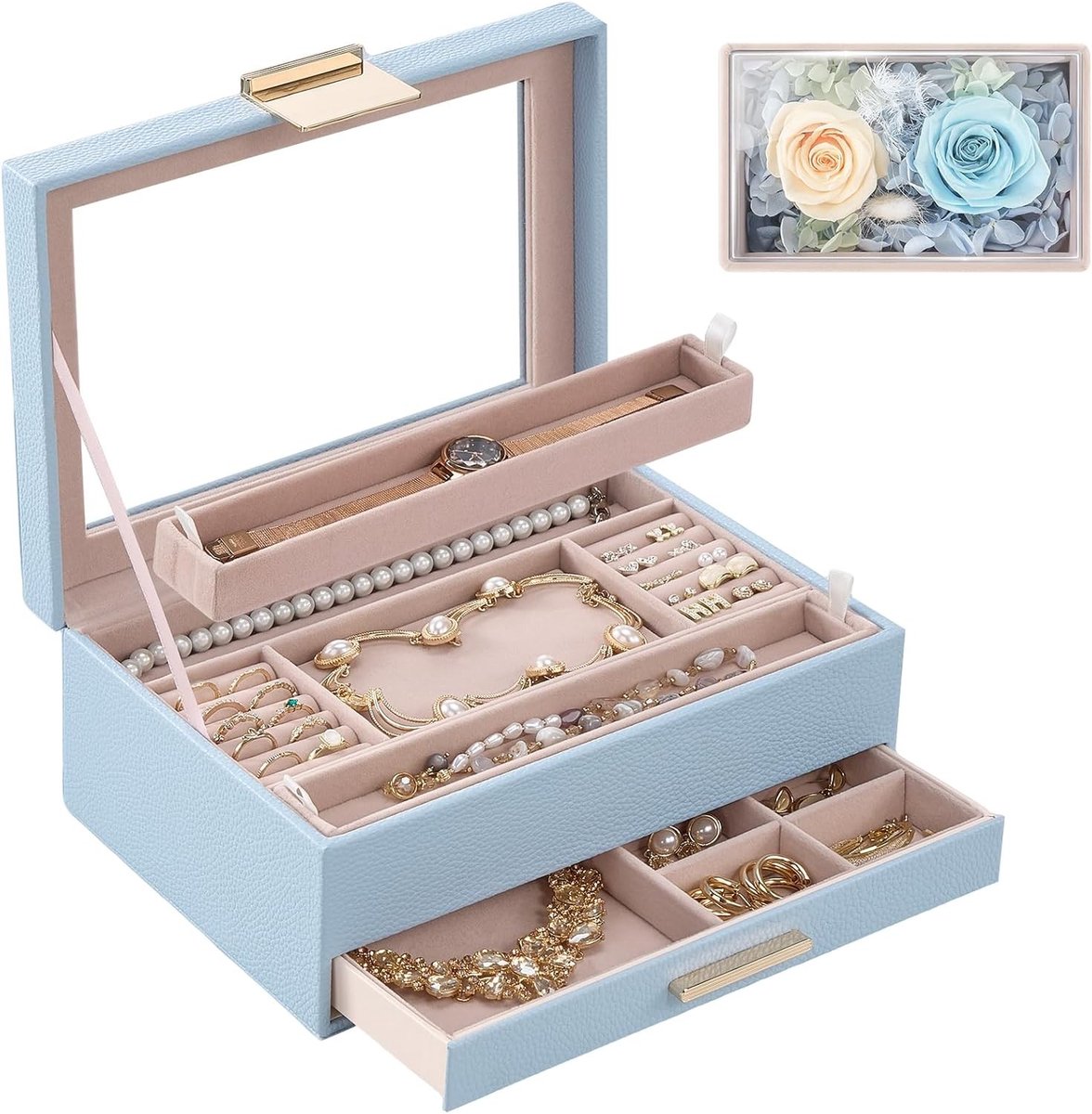 Elegante 2-laagse sieradenopberger met glazen deksel, ideaal voor het opbergen van oorbellen, ringen en horloges - Blauwe sieradenbox voor vrouwen en moeders
