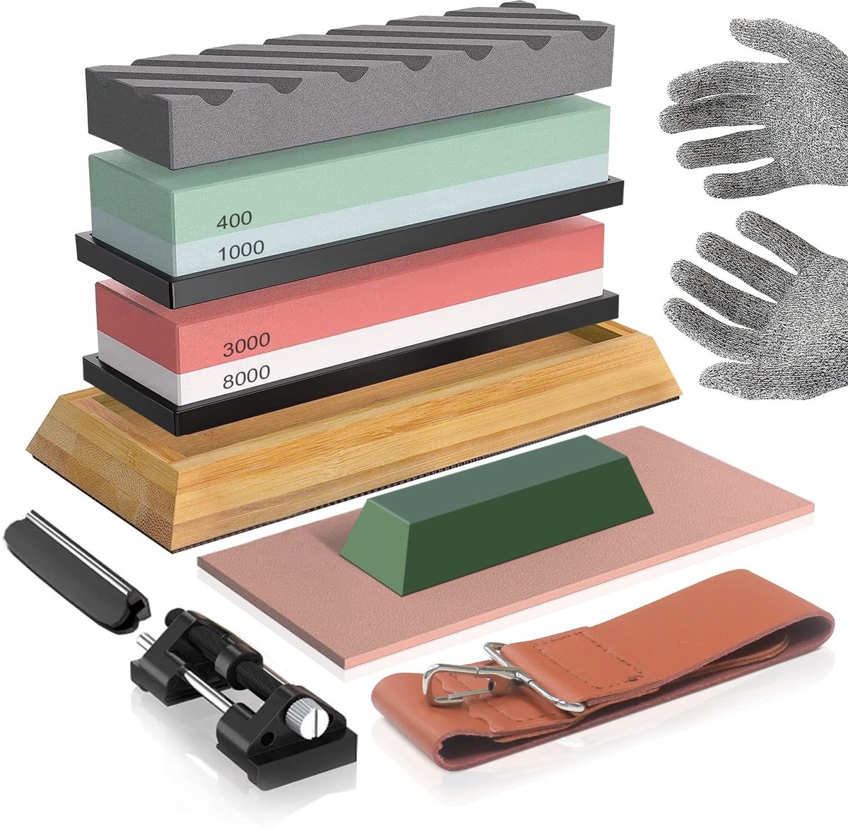 Omgoods- Slijpsteen Professionele 12-in-1 Set - Watersteen 400/1000 - Watersteen 3000/8000 - Antislip Bamboebasis - Hoekgeleiding - Compleet met Accessoires - Messenslijper