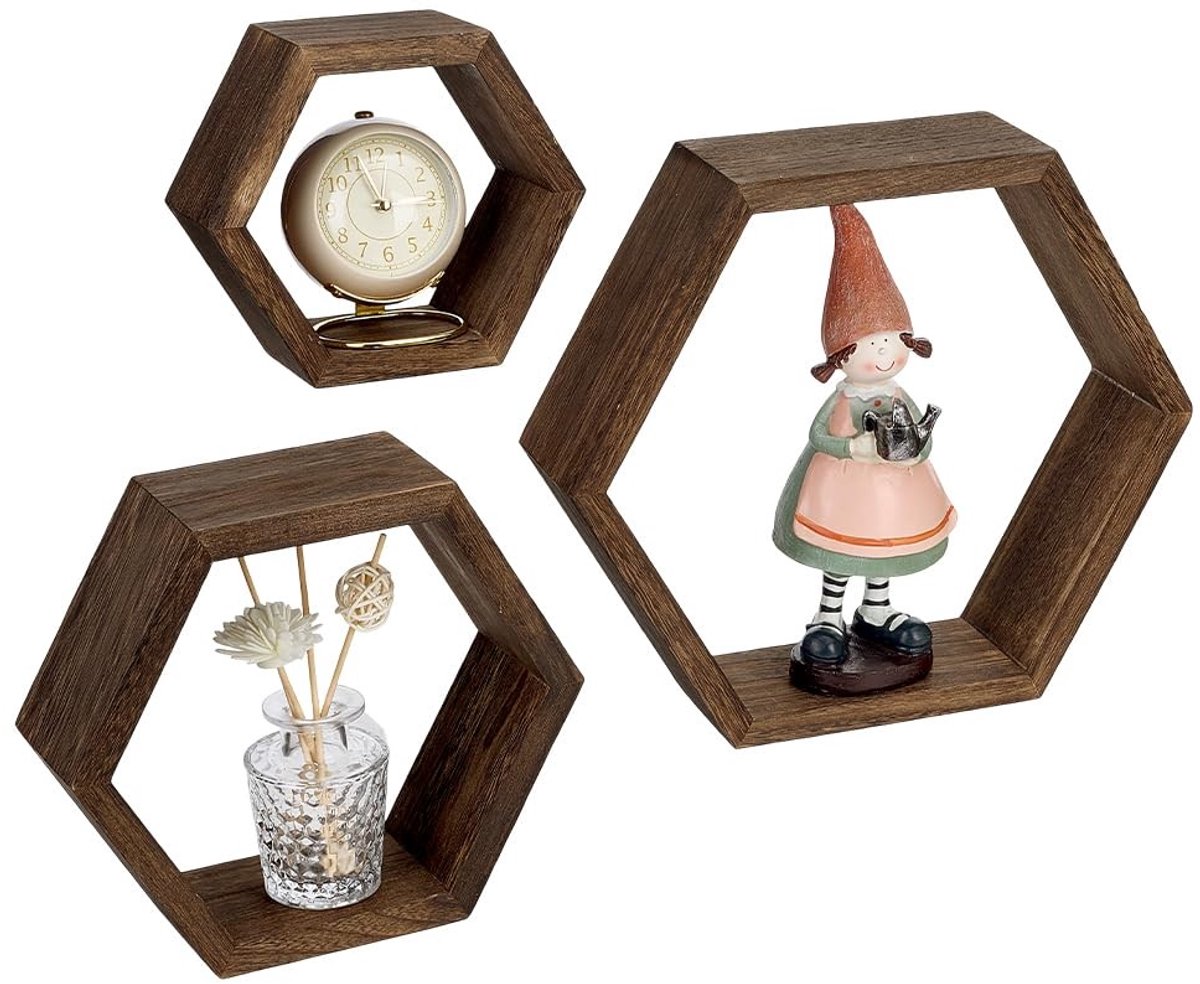 Omgoods- Zwevende Planken - 3 Stuks Zeshoekig - Honingraatvormig - Decoratief - Voor Badkamer/Keuken/Woonkamer - Flexibele Afmetingen - Wandplanken