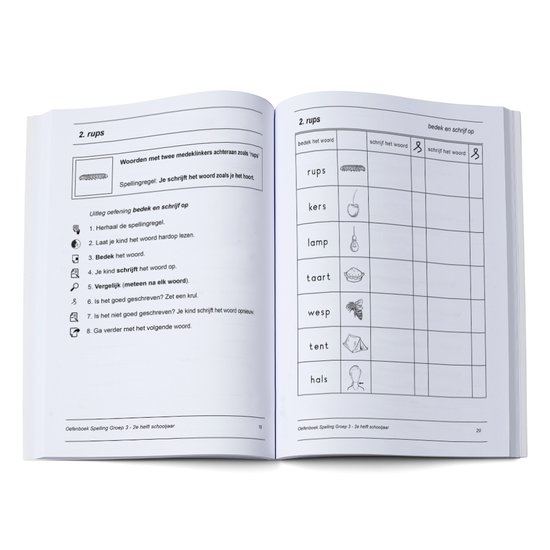 Open "Spelling Groep 3" oefenboek. Links staat "2. rups" met oefeninstructies. Rechts een invulblad met woorden en tekeningen.