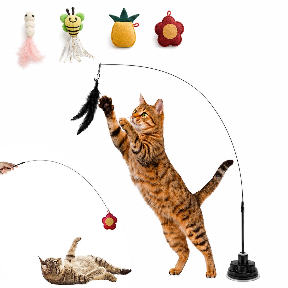 DOWO® Kattenhengel met Zuignap – Met Karabijnhaak voor Eigen Speeltjes – Vast of Uit de Hand – 90 cm – 4 Speeltjes + 1 Verenopzetstuk