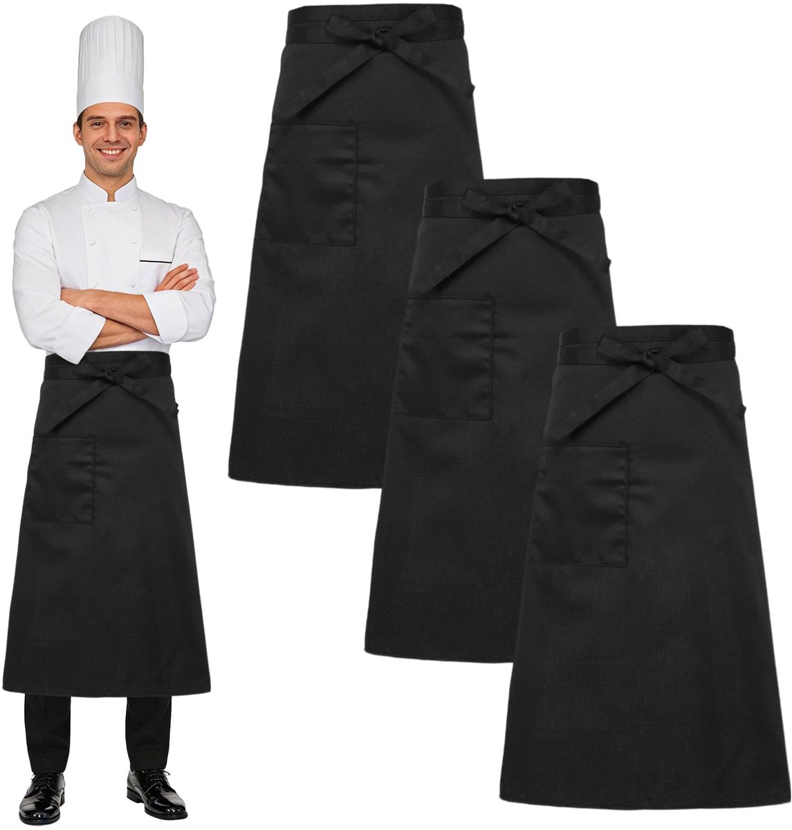 Omgoods - Set van 3 Zwarte Kookschorten met Verstelbare Taille