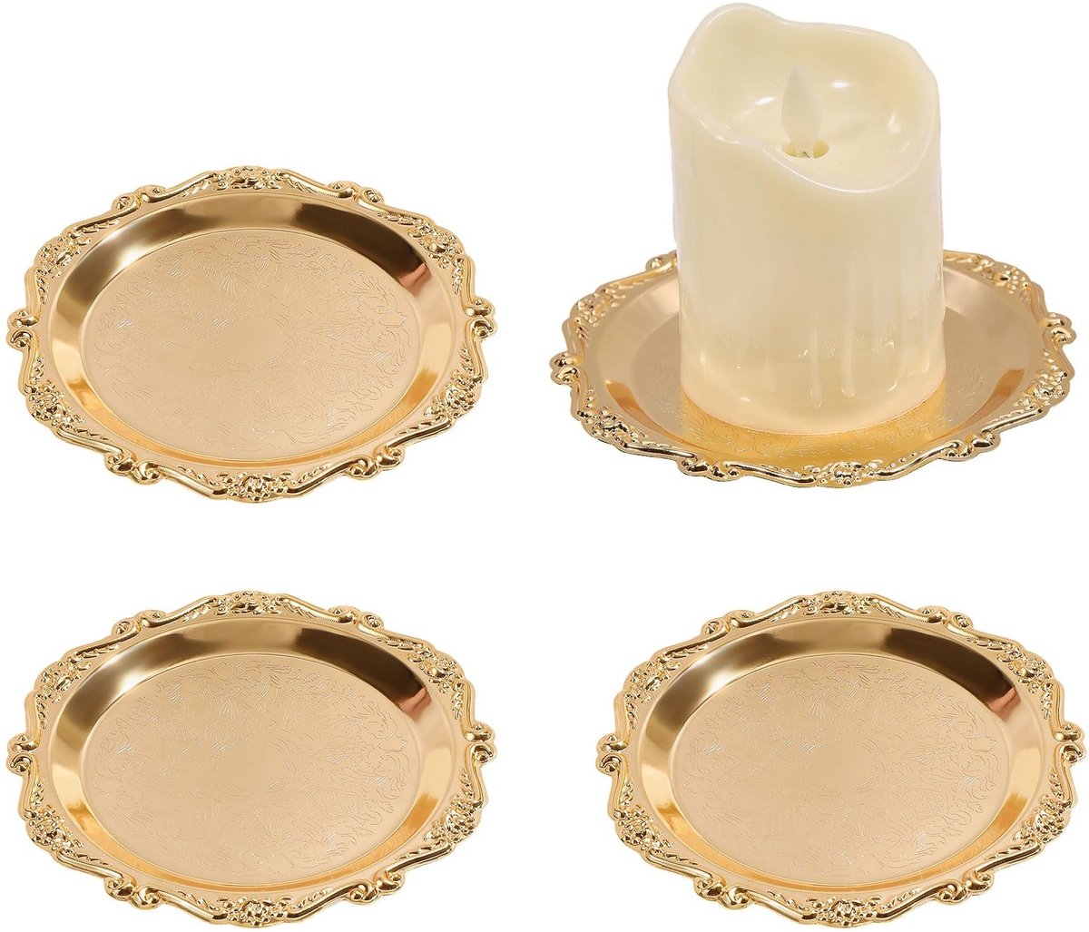 Omgoods - Set van 4 Vintage Ronde Metalen Kaarsenhouders in Goudkleur