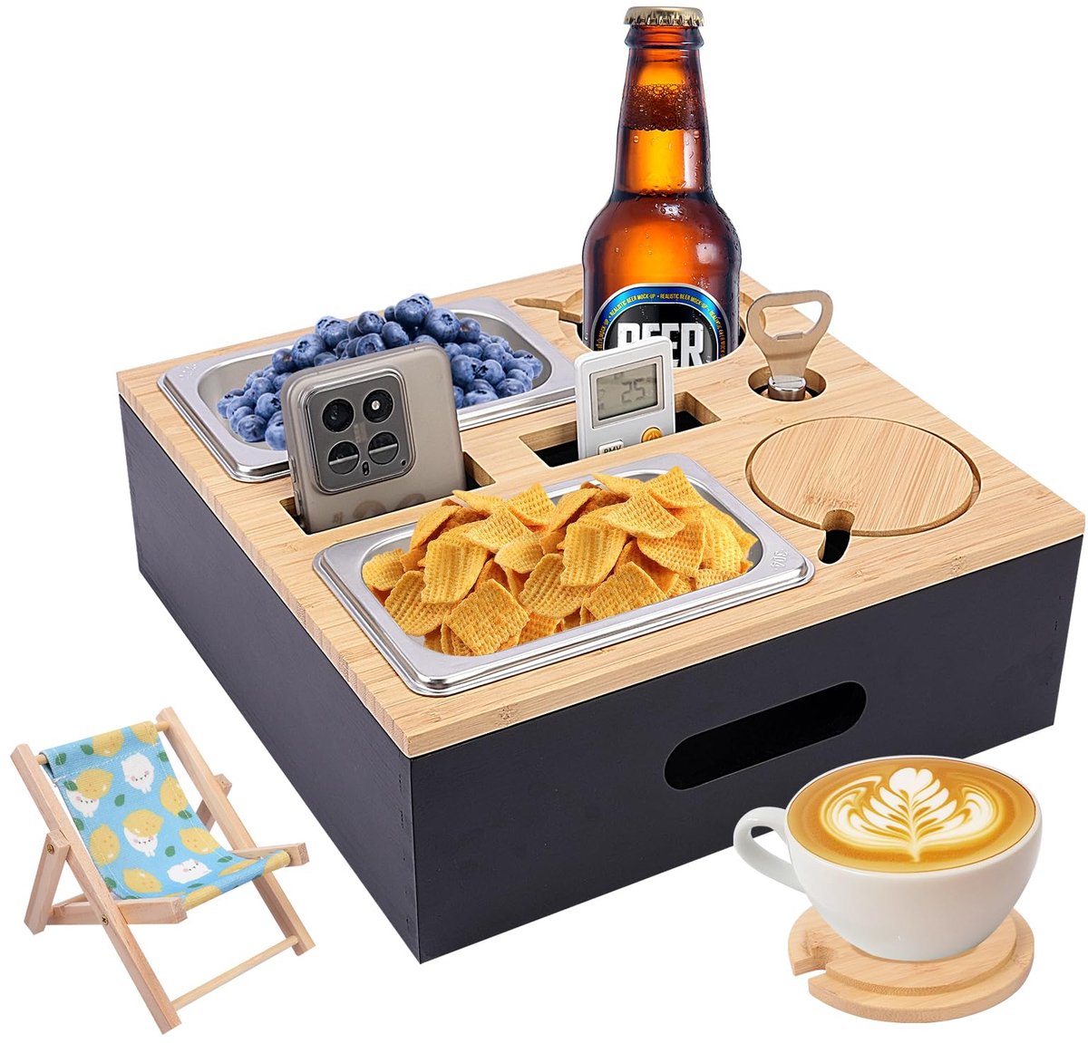 Omgoods- Dienblad Houten Bankbar - Snackbox/Bekerhouder - Afneembaar Deksel - Sofa Organizer - Multifunctioneel - Luxe Bamboe - Bankorganizer
