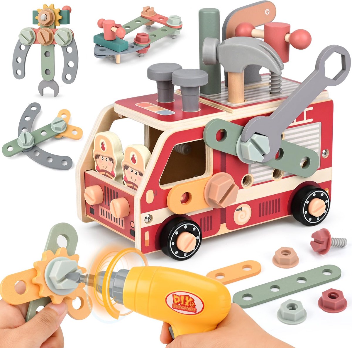 Omgoods- Gereedschapskoffer voor Kinderen - 47 Stuks - Montessori Speelgoed - Houten Brandweerauto - Creatieve Werkbank - Veilig Onder Toezicht - Speelgoedgereedschap