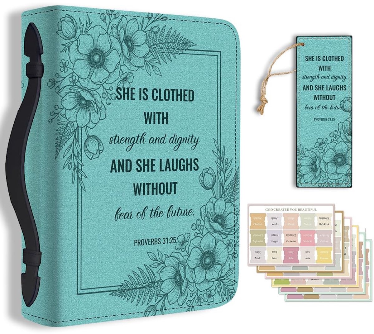 Omgoods - Dames Bijbelhoes Groenblauw met Bloemen - Incl. Bladwijzer en Tabbladen