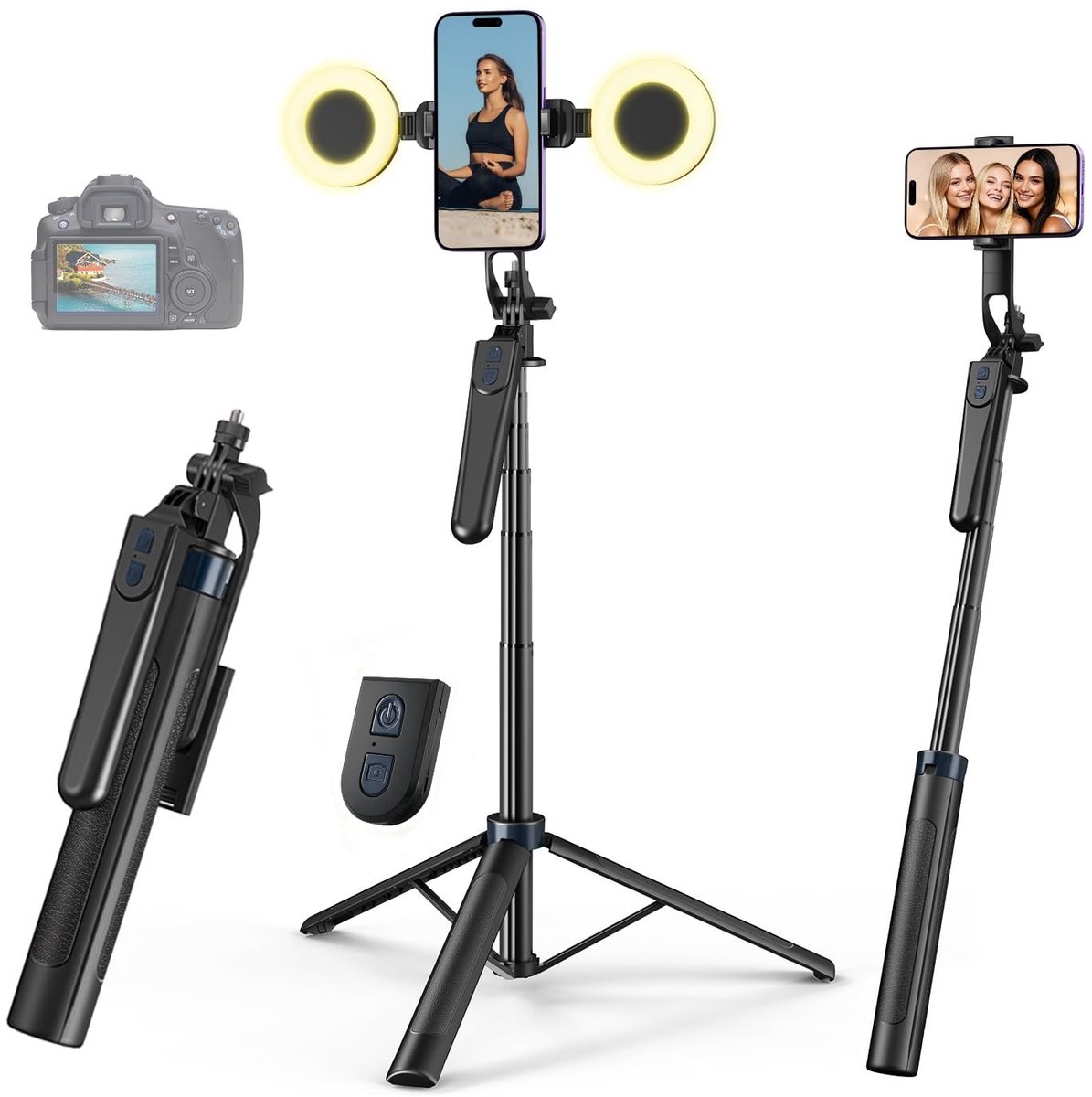 Omgoods - Uitschuifbare Selfie Stick Tripod met Verlichting, 71"