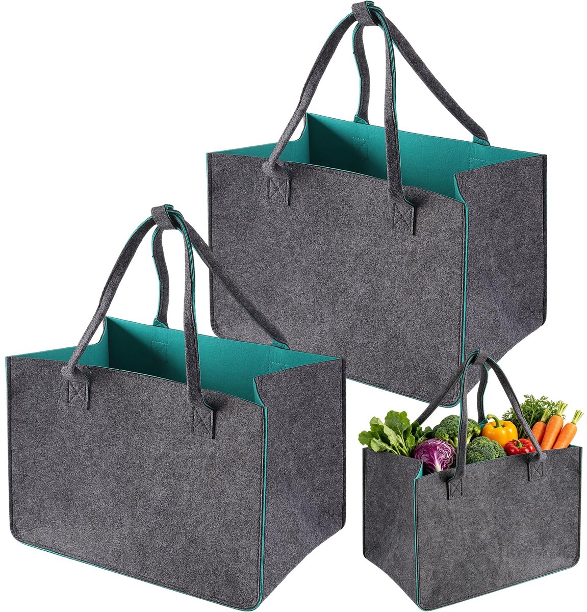 Omgoods - Set van 3 Opvouwbare Vilten Tassen met Handvat voor Boodschappen