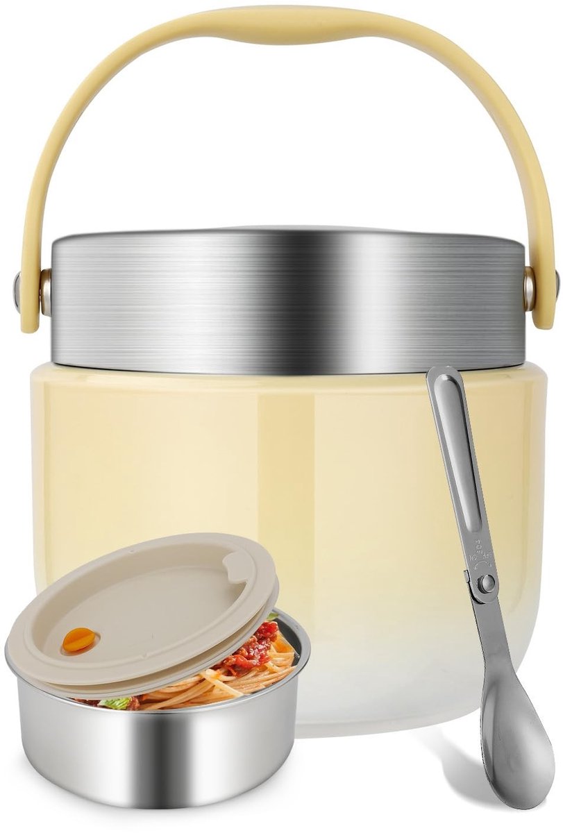 Omgoods - 1200ml Isolerende Lunchbox met Vouwlepel - Houdt Eten Warm voor School/Office/Outdoor - Geel