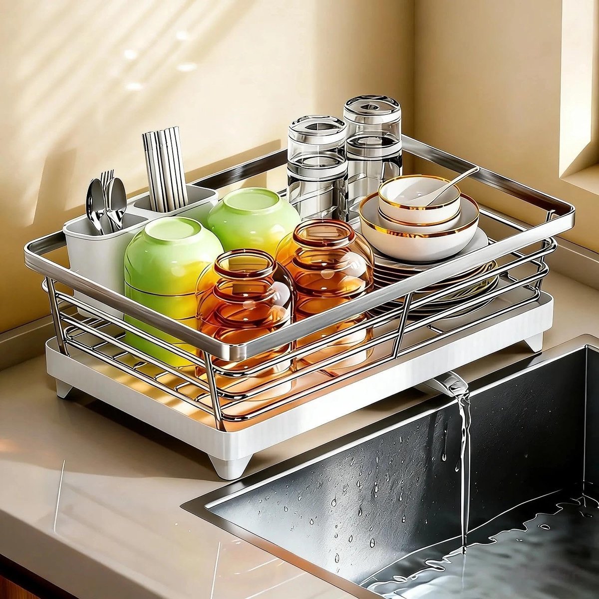 Omgoods - RVS Afvoer Mand met Afvoer Tray voor Borden en Bestek