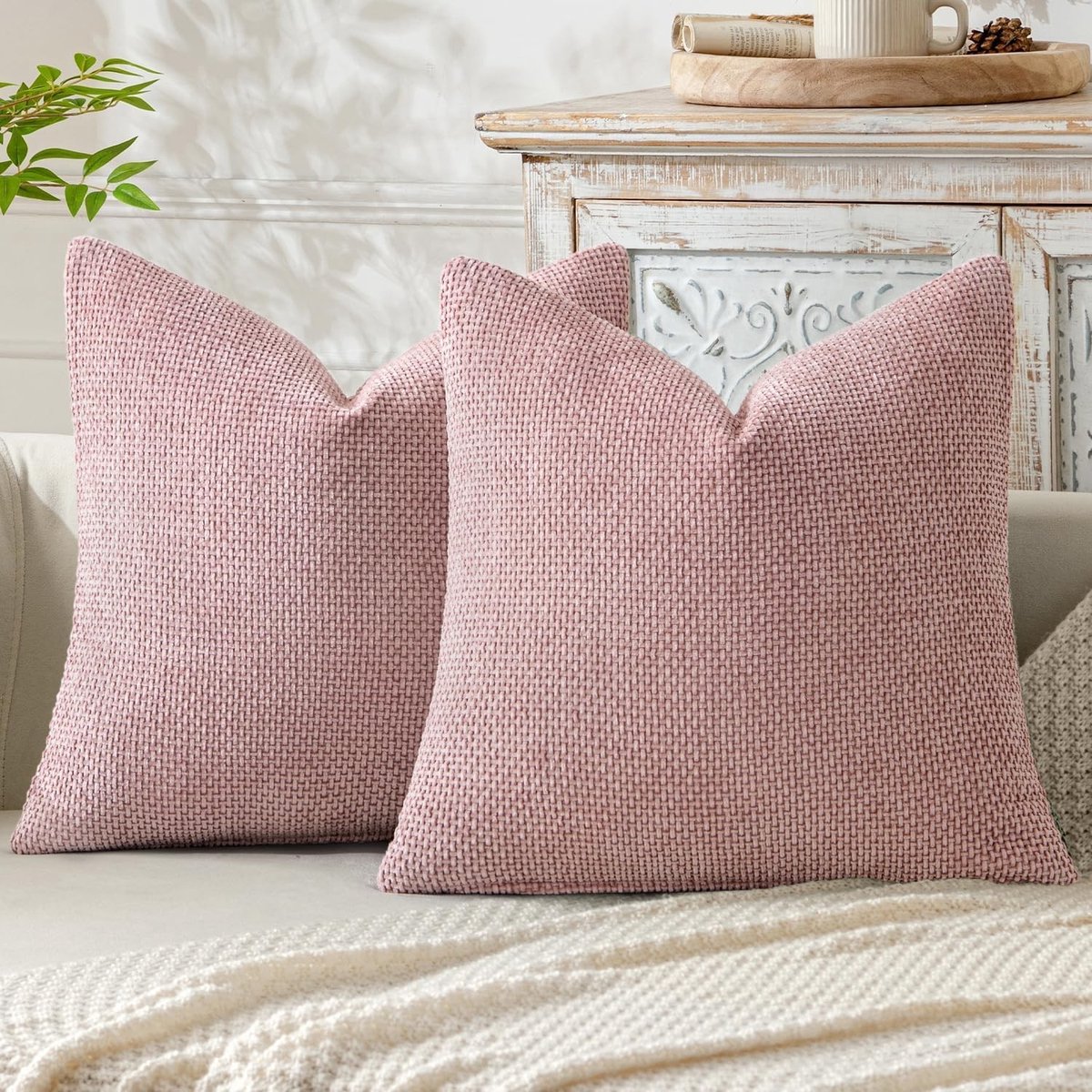 Omgoods - Set van 2 Chenille Kussenhoezen 50x50 cm Roze