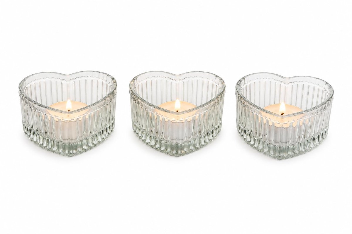 Omgoods - Set van 3 Hartvormige Theelichthouders van Glas