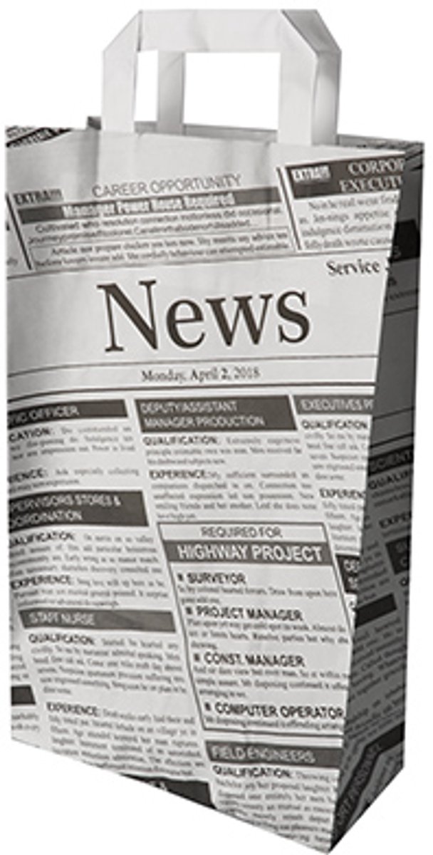 8x 50 Draagtassen papier 36 cm x 22 cm x 10 cm Newsprint met handvaten