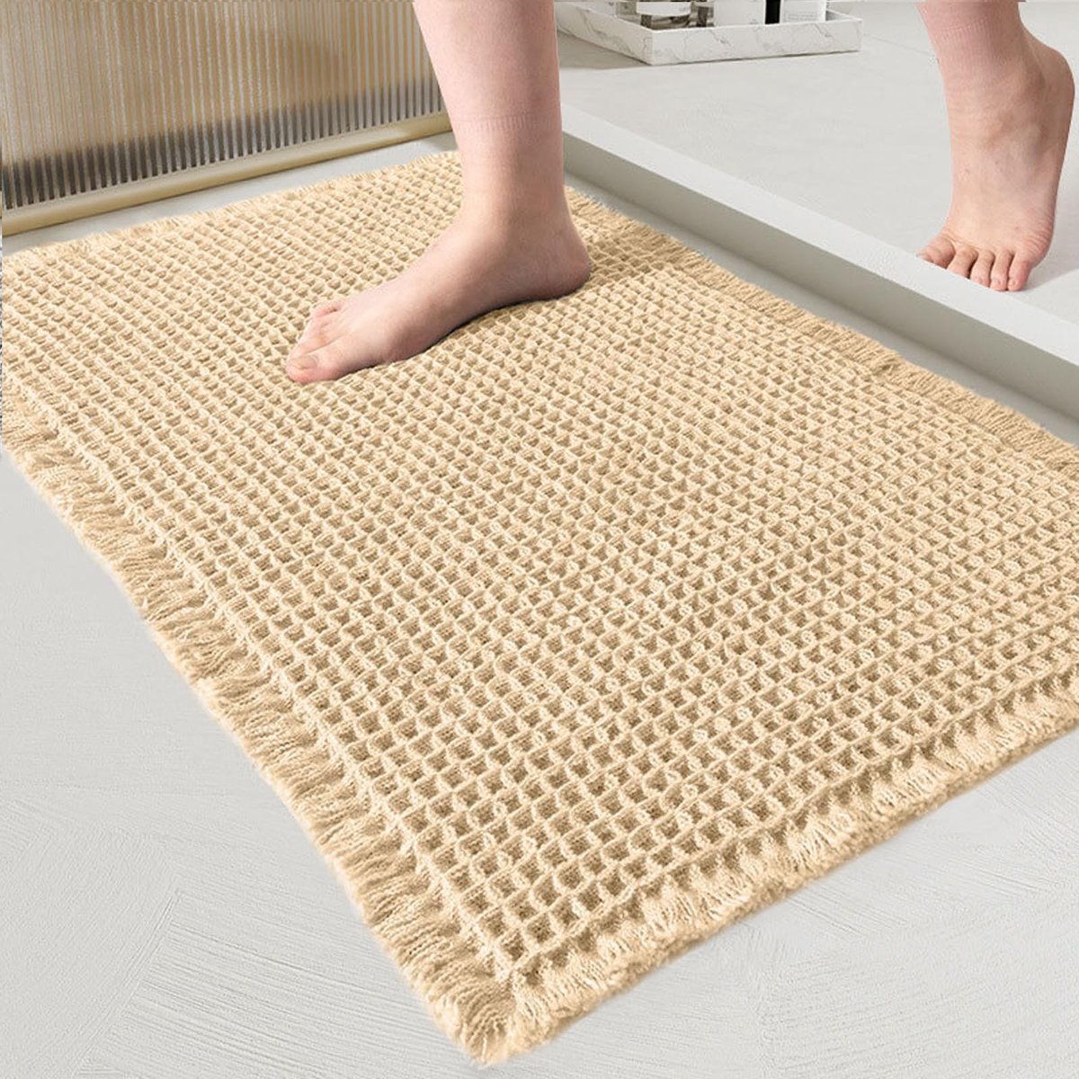 Omgoods - Badmat Wafelpatroon, Antislip en Absorberend, Sneldrogend, Beige, 60 x 90 cm