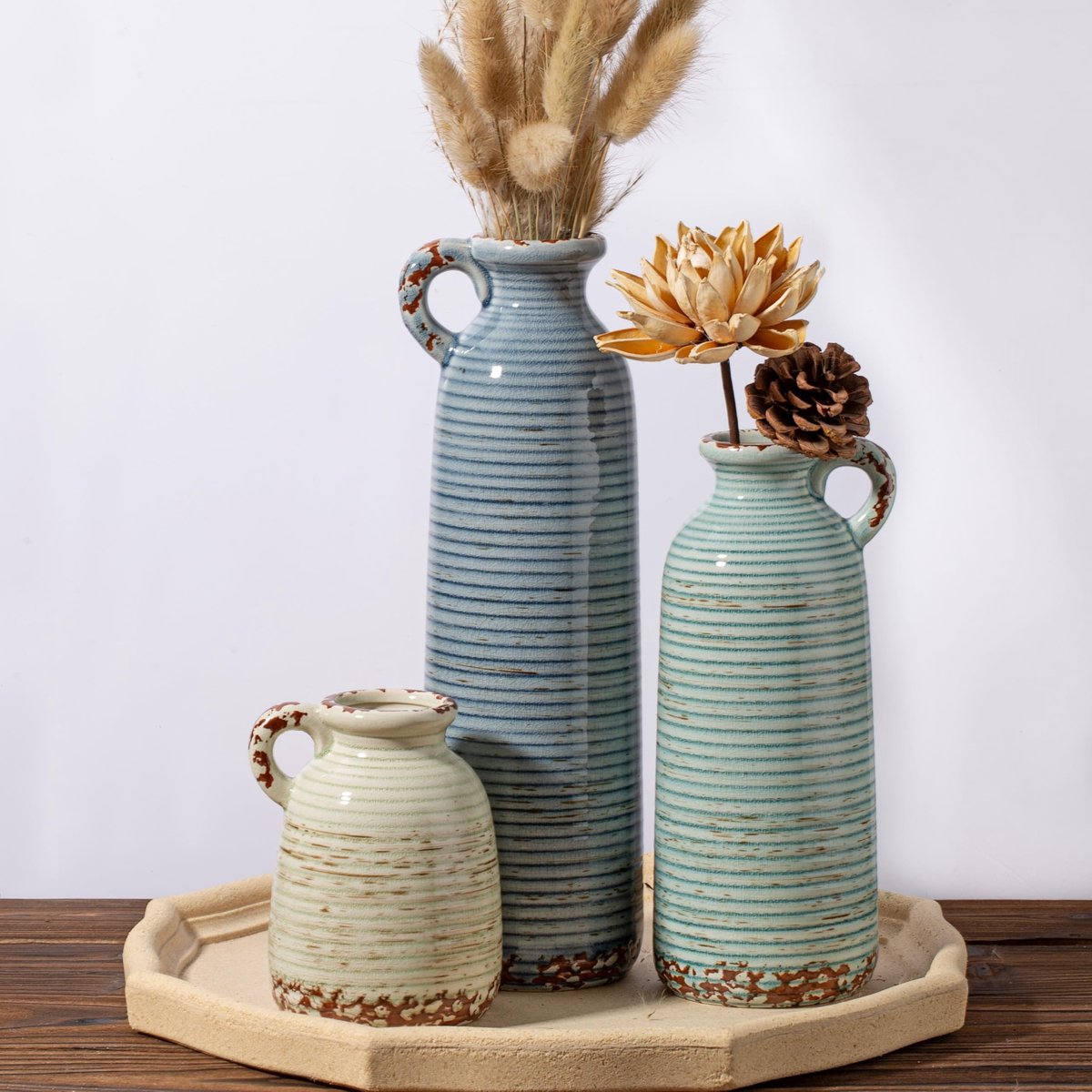 Omgoods - Set van 3 Ceramische Vazen met Handvatten voor Interieurdecoratie