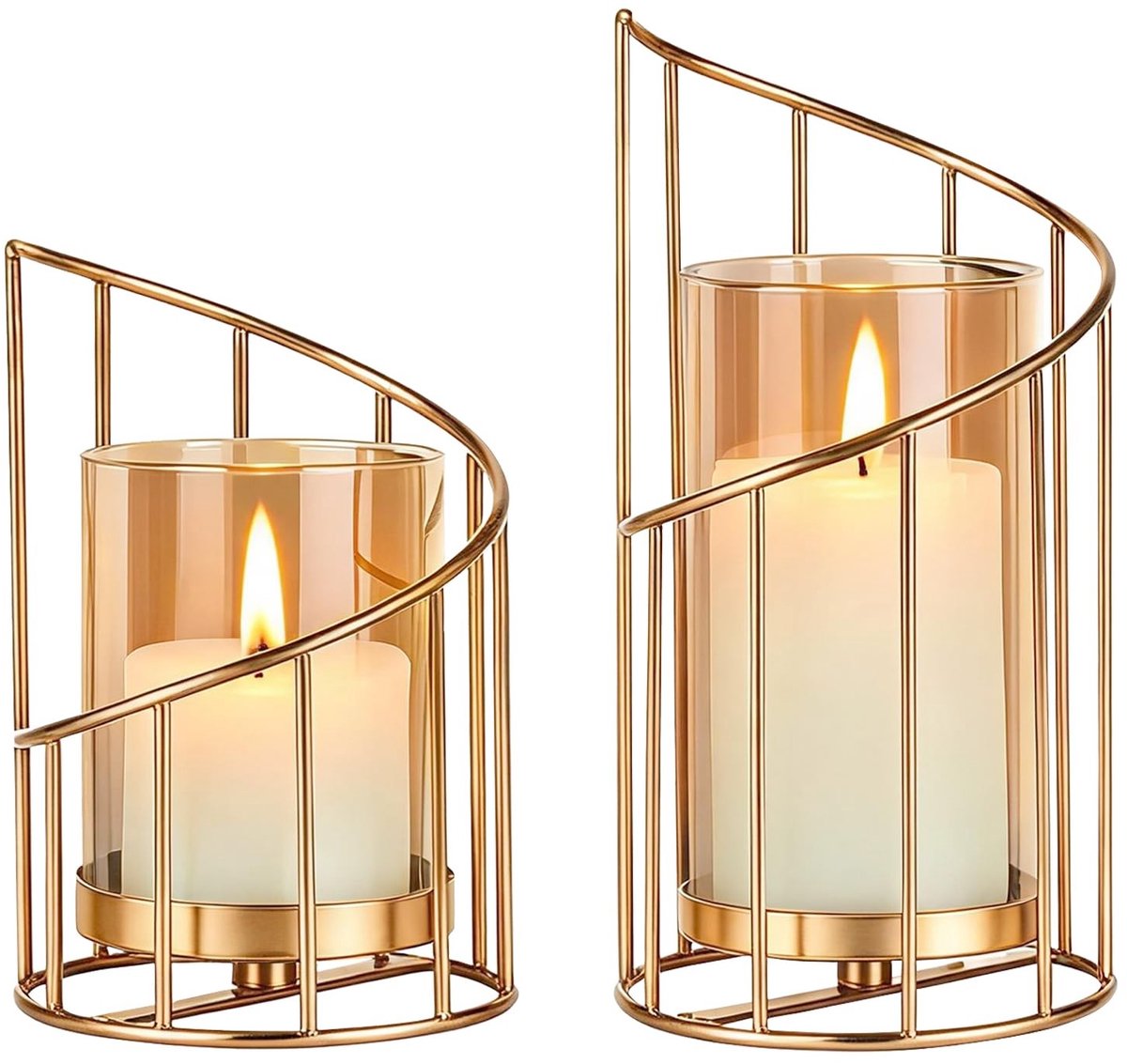 Omgoods - Set van 2 Decoratieve Kaarsenhouders van Metaal met Glazen Cilinder