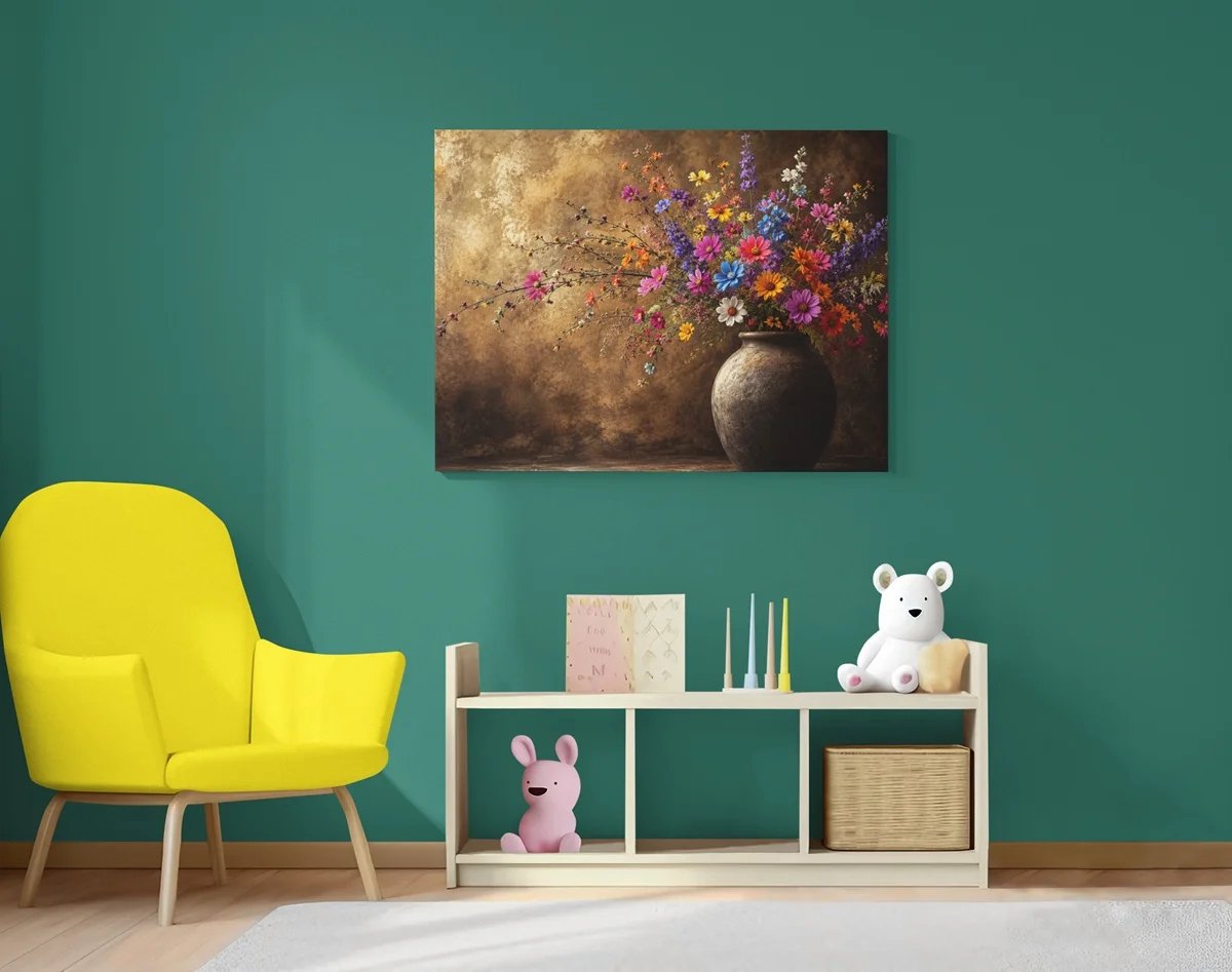 Canvas Schilderij Bloemen - Veldbloemen in Vaas - Wanddecoratie - 100x 75 cm