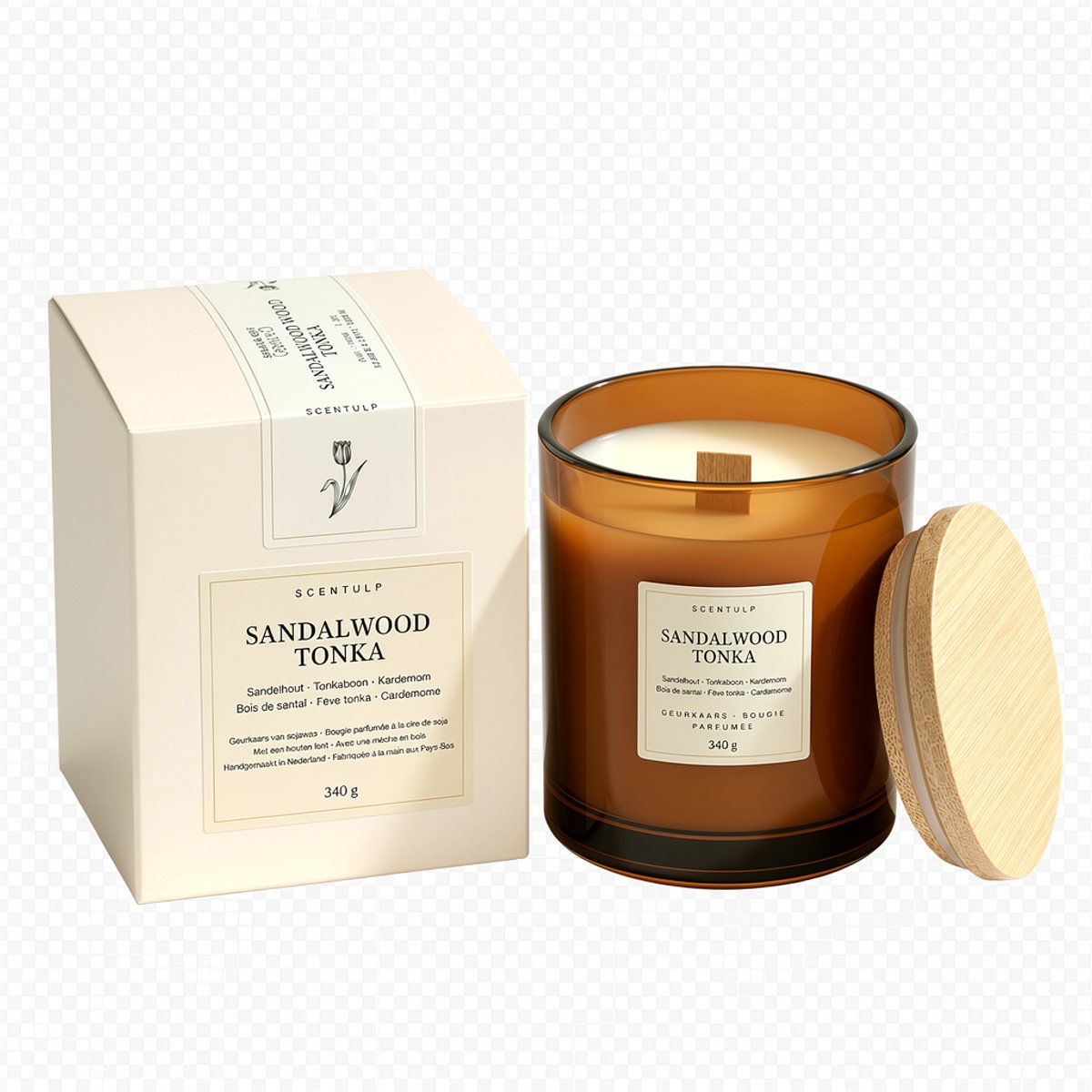 Scentulp Geurkaars Sandalwood Tonka - Warme houtachtige geur - Handgemaakt in Nederland Bruin
